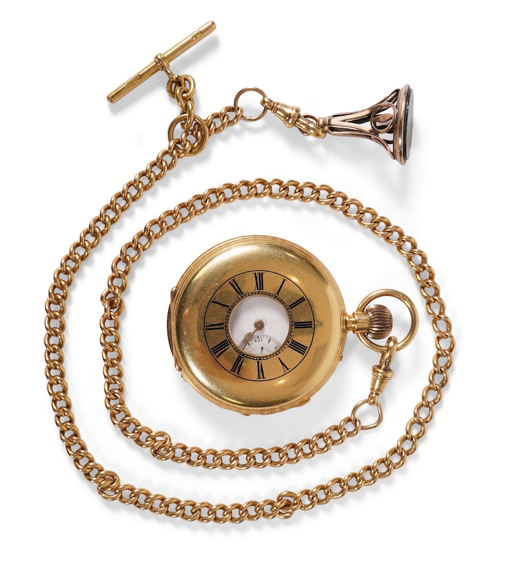 A late Victorian 18ct gold half hunter quarter repeating keyless lever pocket watch, by Alexander Guillaume, Spencer St, Northampton Sq. London, together with a similar 18ct gold curb link albert, hung with a yellow meta
